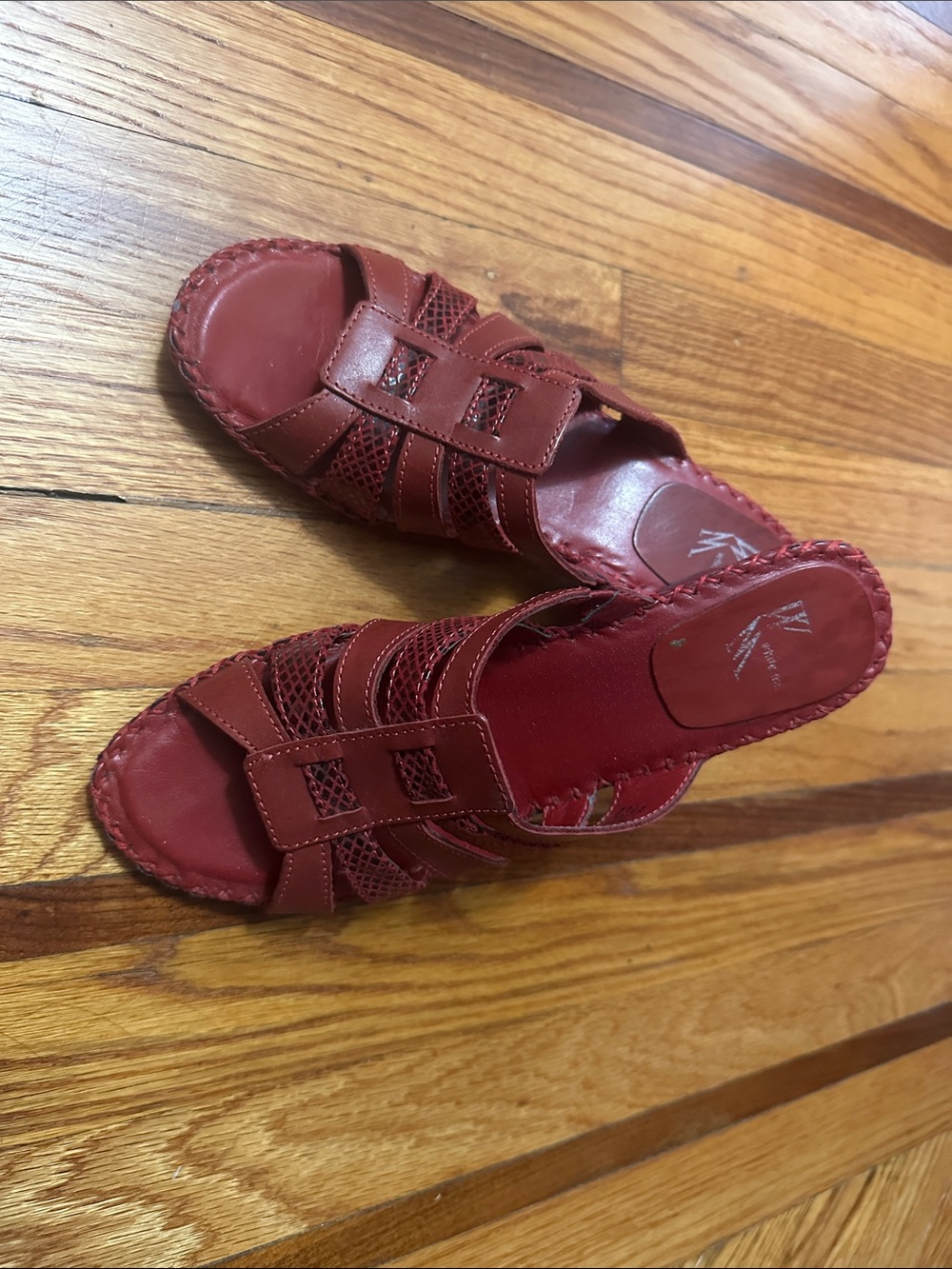Women's Red Leather Slip-On Woven Sandals